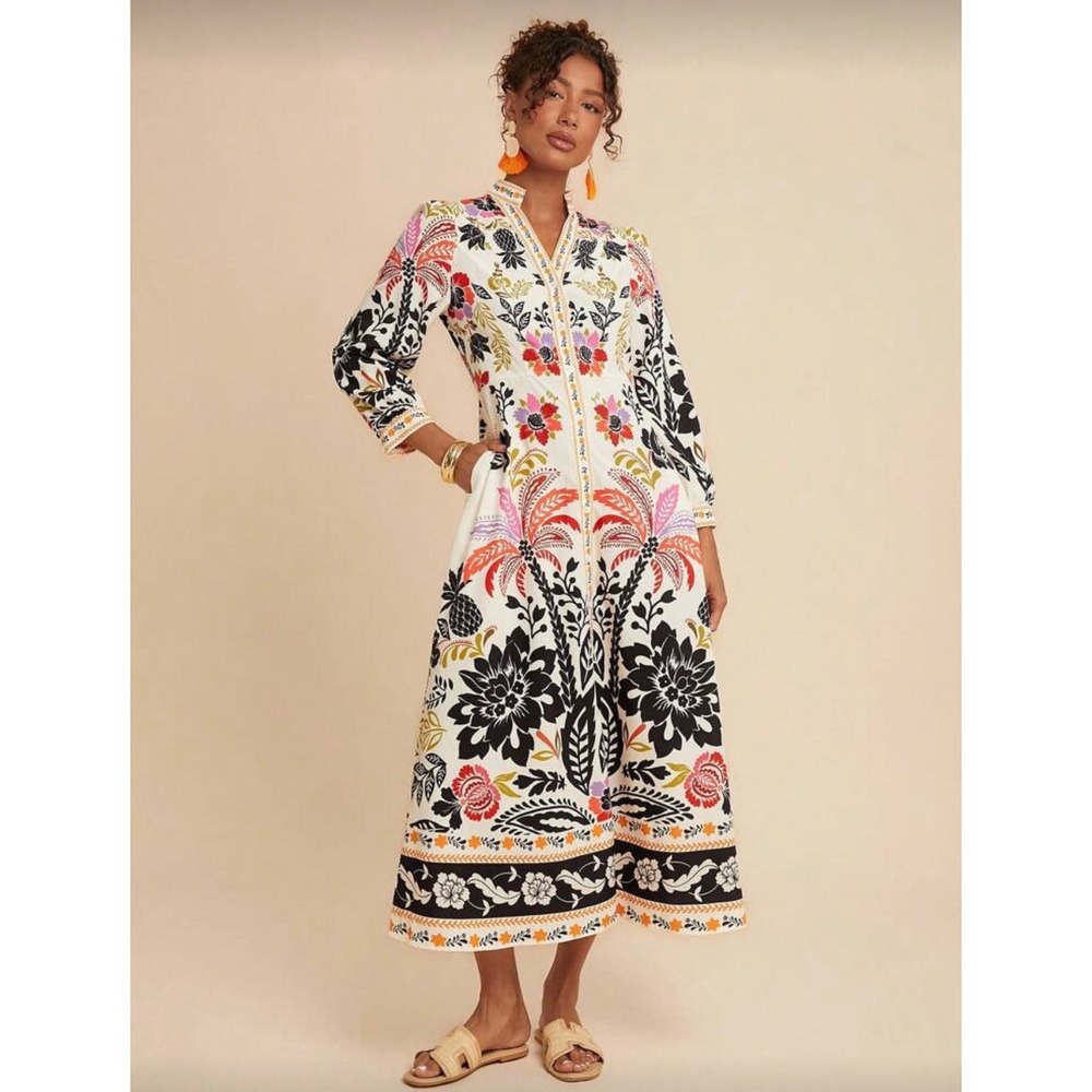 Embroidered Floral Maxi Dress - White with Multicolor Print